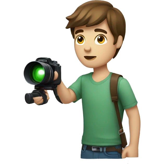 A young man holds a camera with a flash in his hands.He has shoulder-length brown hair.His eyes are green.Dressed in a shirt. emoji