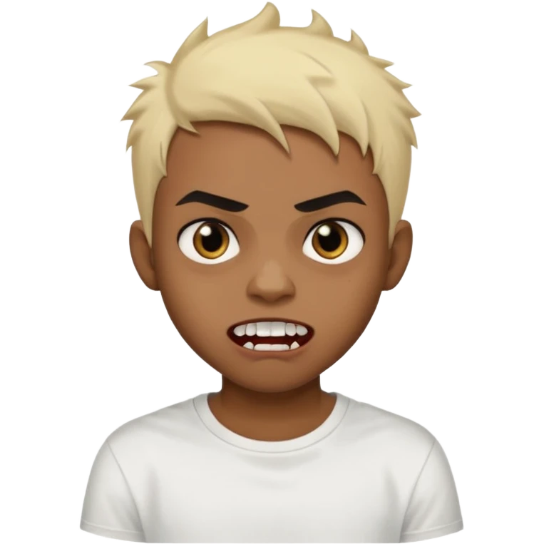 Black Male Teenager with Short punk messy blonde hair, Dark brown bushy eyebrows large expressive golden-brown eyes, wearing a plain white t-shirt, Dark Brown skin color. vampire tooth emoji