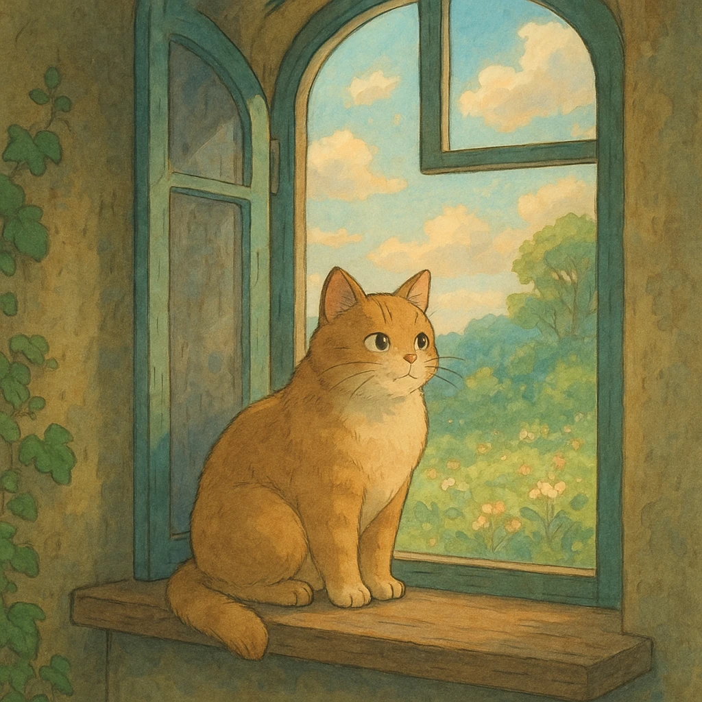 cat sitting on a windowsill in ghibli style, detailed, soft colors, whimsical atmosphere emoji