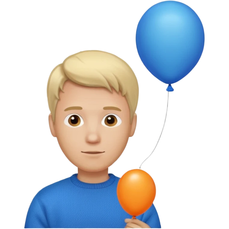 white skin, blonde hair man, orange sweater, hold blue balloon emoji