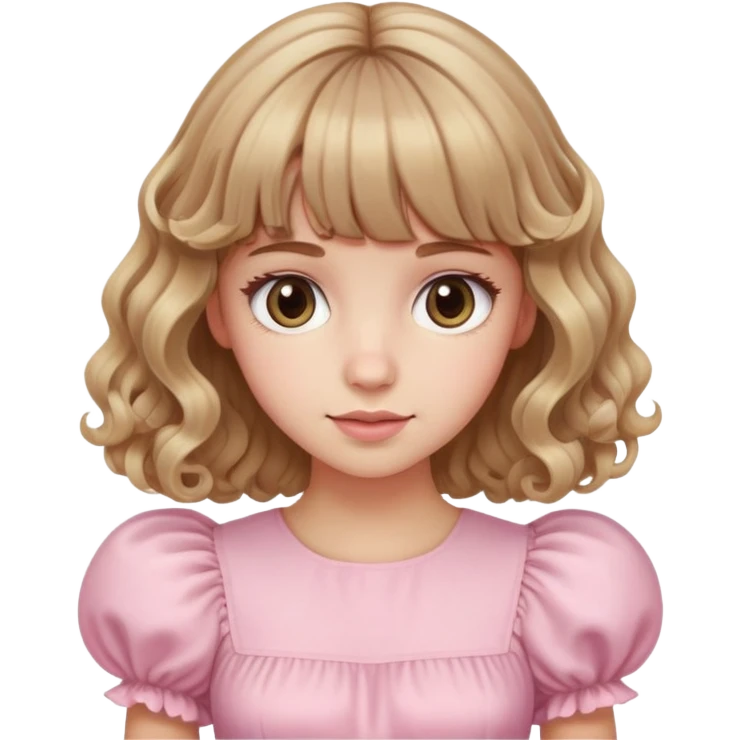 white or light brown girl with bangs, long light brown hair with curly blonde highlights, wearing a pastel pink dress with puff sleeves emoji