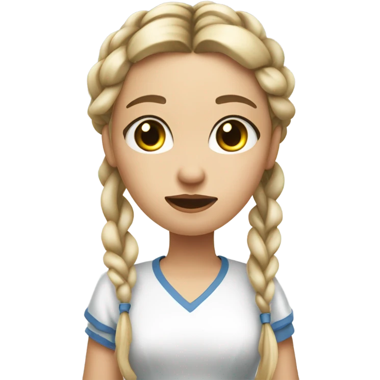 "A young woman with braided blond hair, fair skin, and a lively but slightly worried expression. She wears a simple dress, holding a brush with wite paint dripping from it." emoji