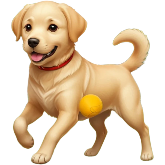 A Labrador Retriever playing fetch with a ball in a backyard garden, mid-action with joyful expression. Natural sunlight, realistic motion blur, outdoor realism. emoji