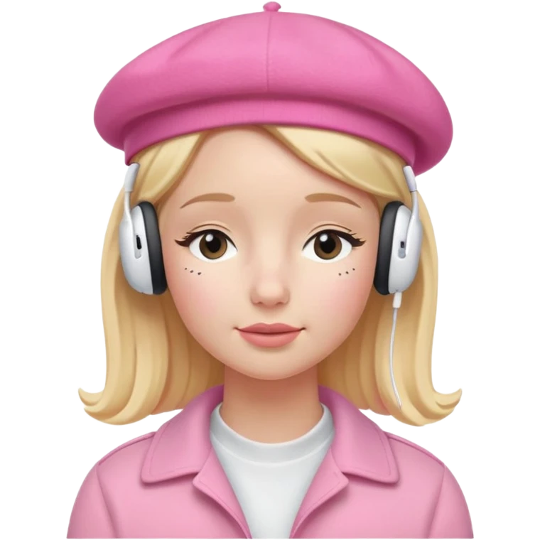 blonde American girl wearing a pink beret and AirPods Max headphones, listening to music with closed eyes emoji