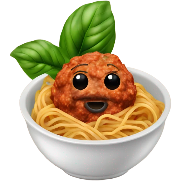 spaghetti with meatballs in a bowl with basil emoji
