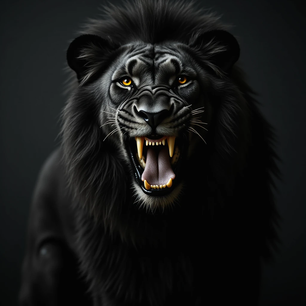 a black lion with a gold tooth, realistic style emoji