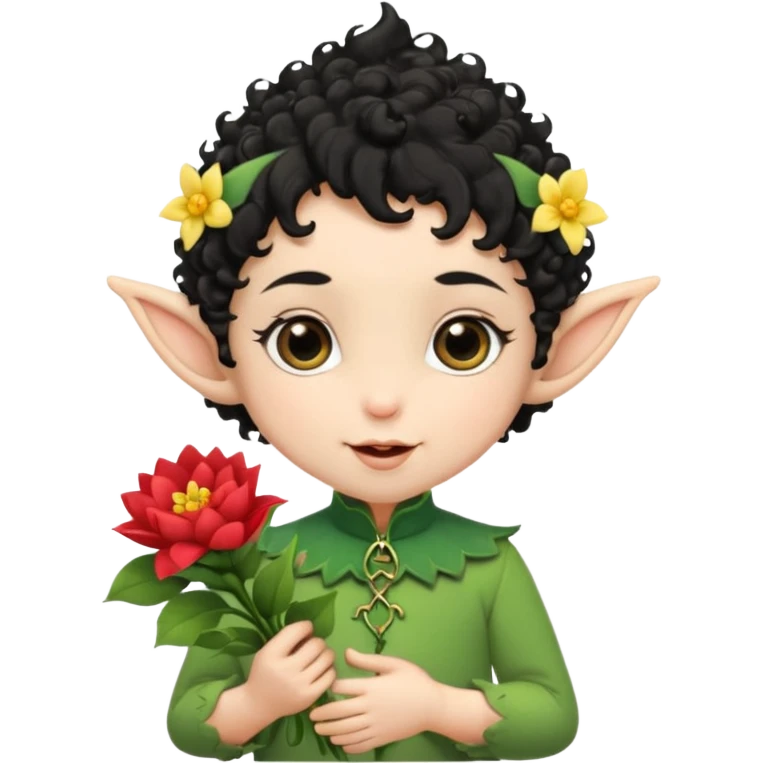 Tiny elf baby black curly hair with pointy ears, hold flowers emoji