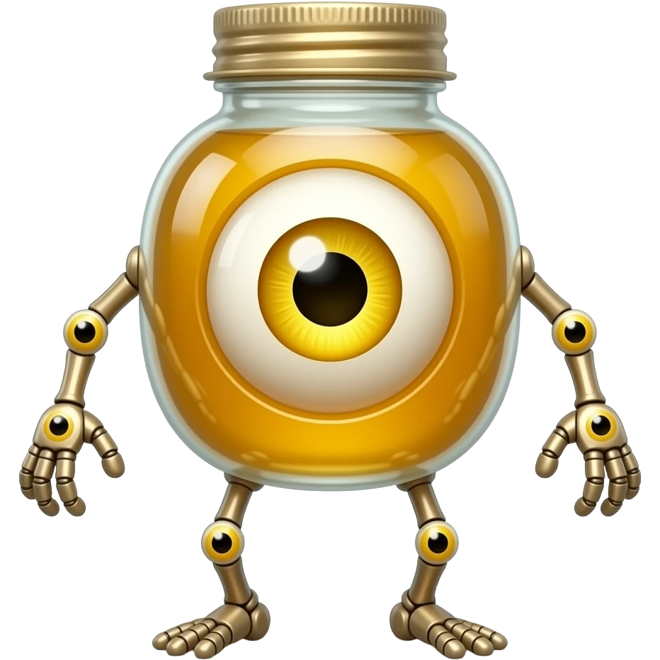 A honey bottle with one single eye and legs and arms with yellow eye emoji