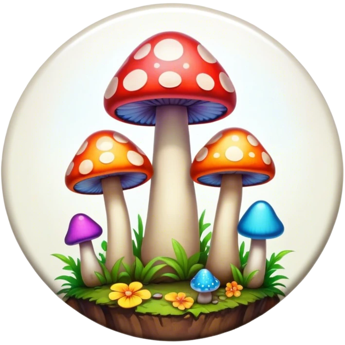 A round psychedelic colored button with beveled edges and colorful hippie style mushrooms emoji