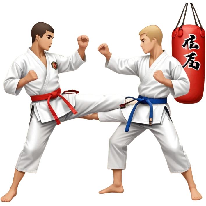 Two karate fighters in traditional gi sparring. One executes a high kick aimed at the opponent’s head, while the other blocks with a strong hand defense. The background features a classic dojo with wooden flooring and banners. Dynamic motion and focused expressions. Transparent background. emoji
