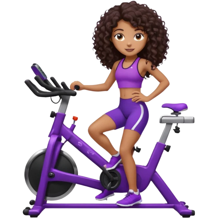 African American girl with long dark brown curly hair, purple workout set leaning on a indoor spin bike with NO HELMET,  emoji