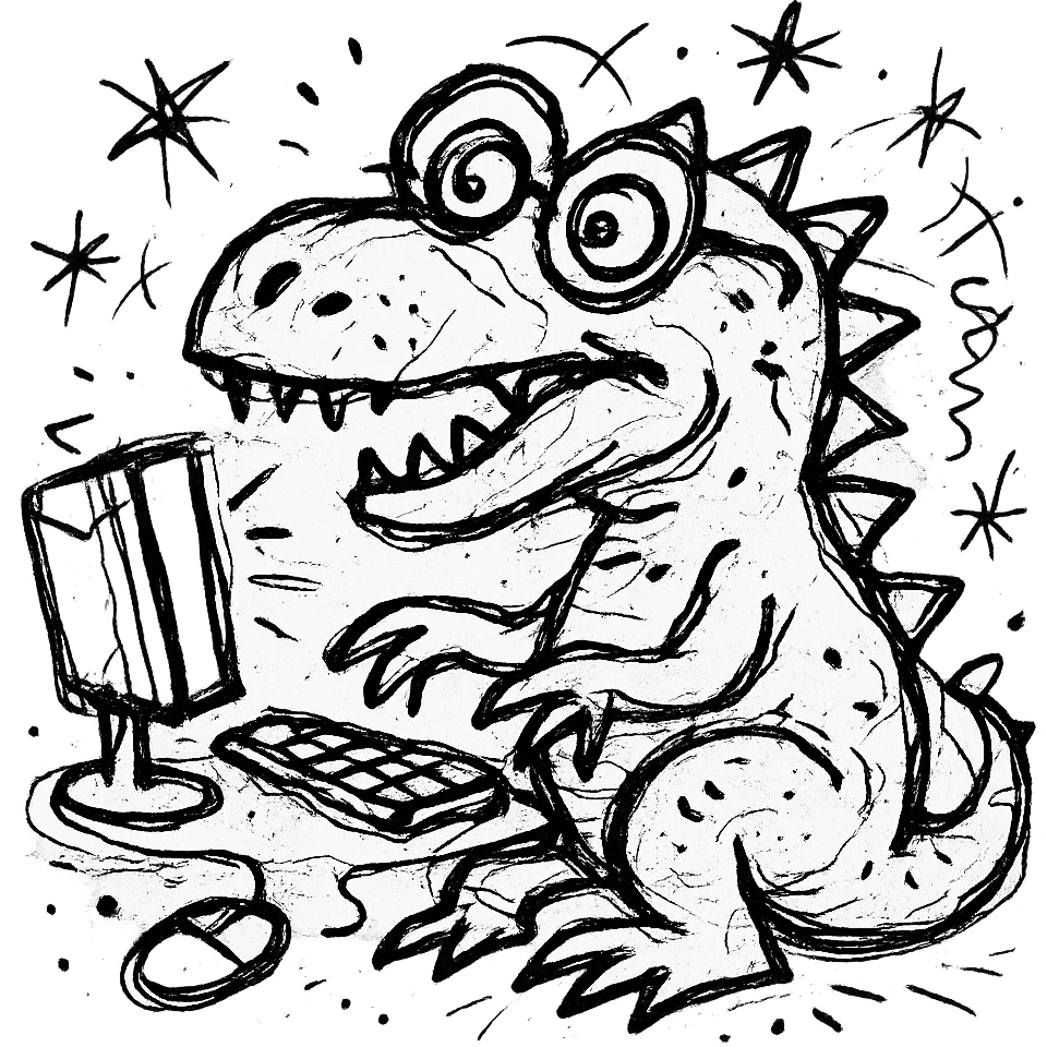 hand-drawn old dinosaur with glasses at a computer emoji