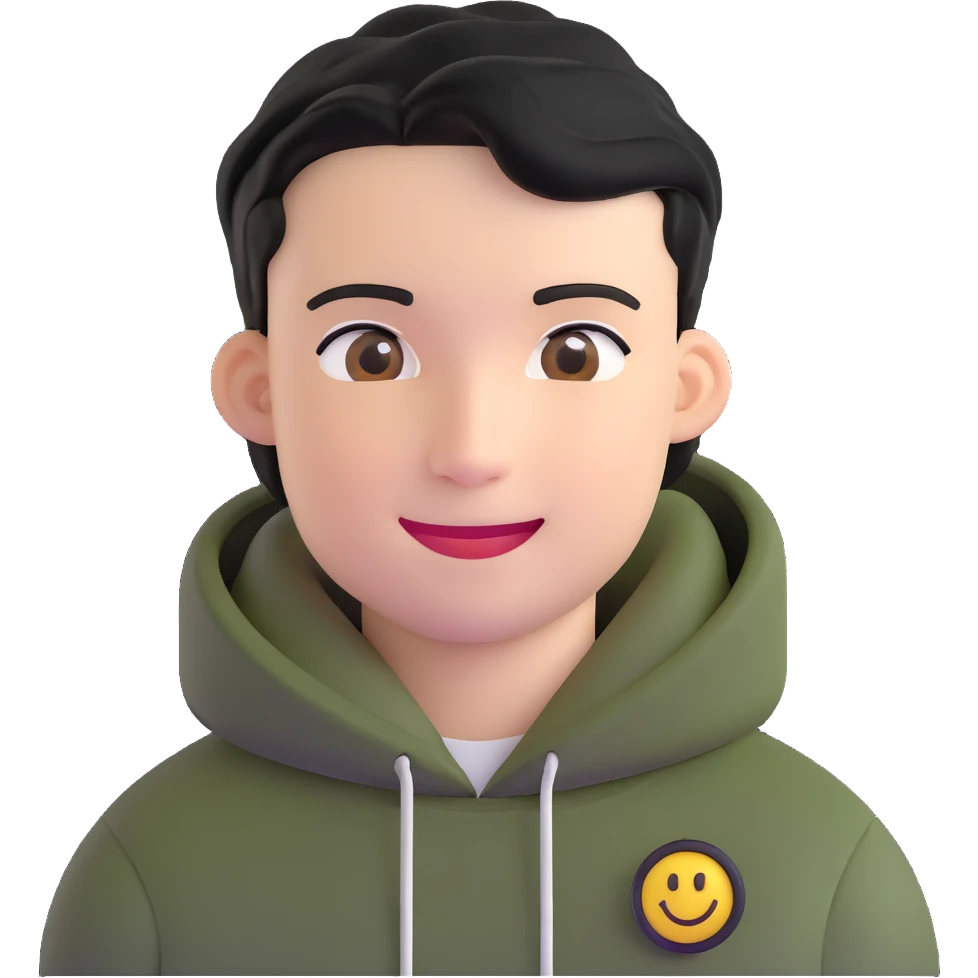 man with smiley face, black hair military cut, brown eyes, wearing 2 circle earrings and a black hoodie emoji