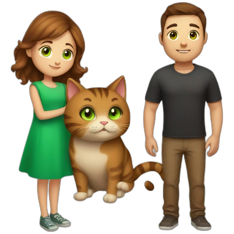 Girl with brown hair. boy with brown hair and green eyes and hugs brown fat cats emoji