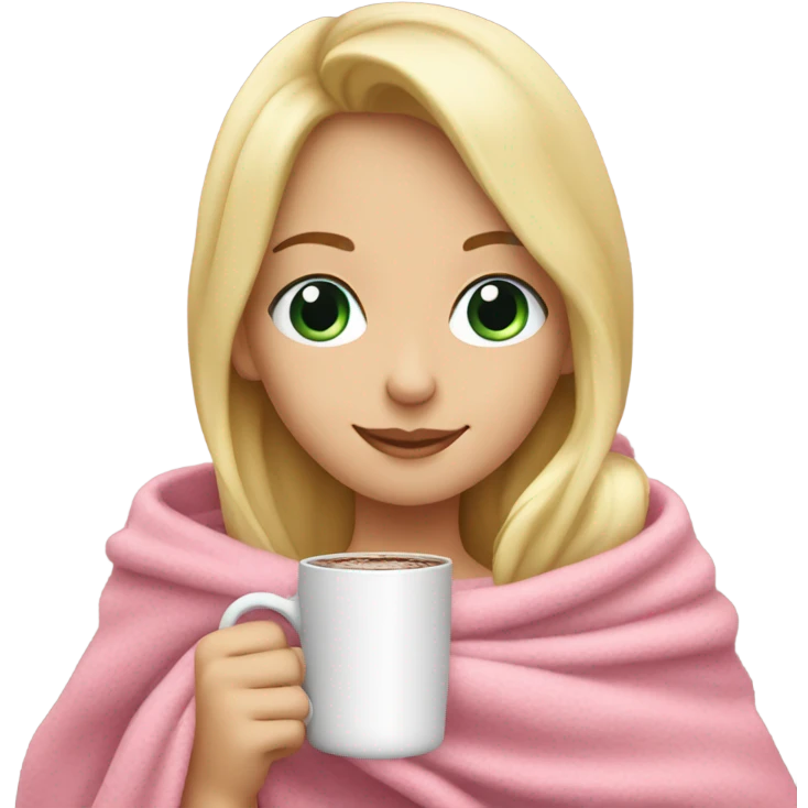 Pretty blond girl with pink blanket holding hot chocolate emoji