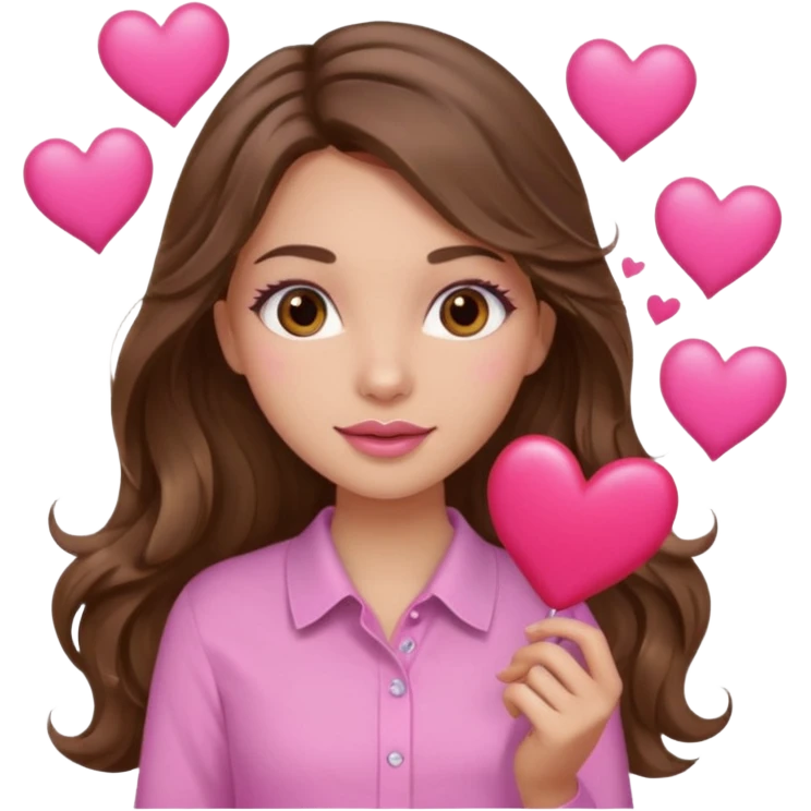 girl with long wavy brown hair, brown eyes, light to medium complexion, in a pink shirt, pink lips, long lashes, many  hearts in hand emoji