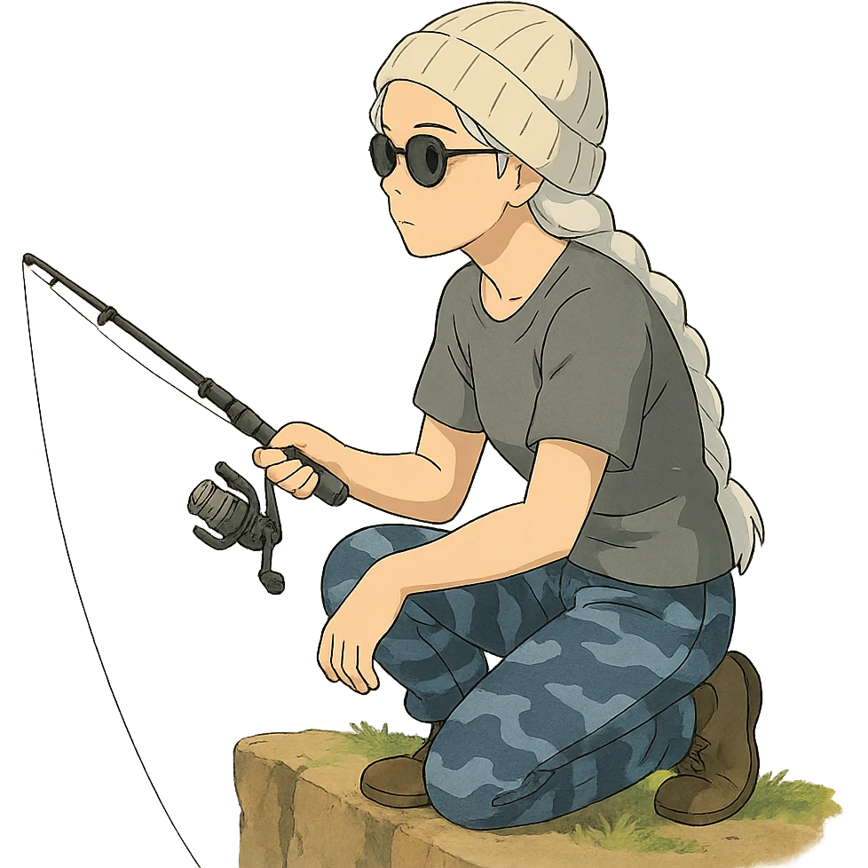 1 female, long white braid, knit cap, dark sunglasses, GRAY T-SHIRT, blue camo pants, KNEELING AND FISHING WITH A TRAVEL FISHING POLE OVER THE LEDGE emoji