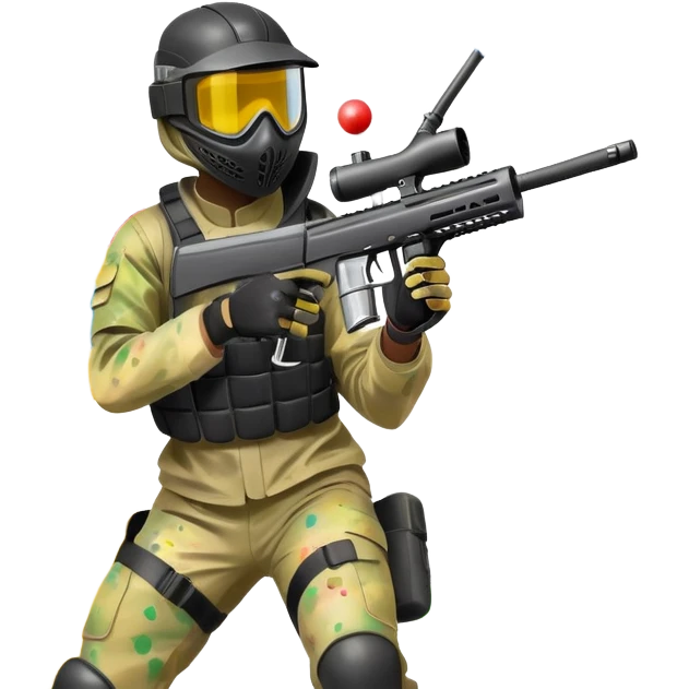 A dynamic scene of a player in action, holding a paintball gun and wearing protective gear. The background shows a vibrant paintball field with obstacles, colorful splatters of paint in the air, and an intense, competitive atmosphere. emoji