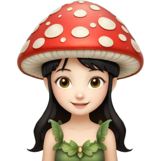 mushroom fairy portrait, head and shoulders only, wearing a large mushroom cap hat, tiny glowing wings visible behind shoulders, cute magical smile, forest fantasy vibe, 3D cartoon, mobile game icon style, clean background, no text, no watermark.balck hair emoji