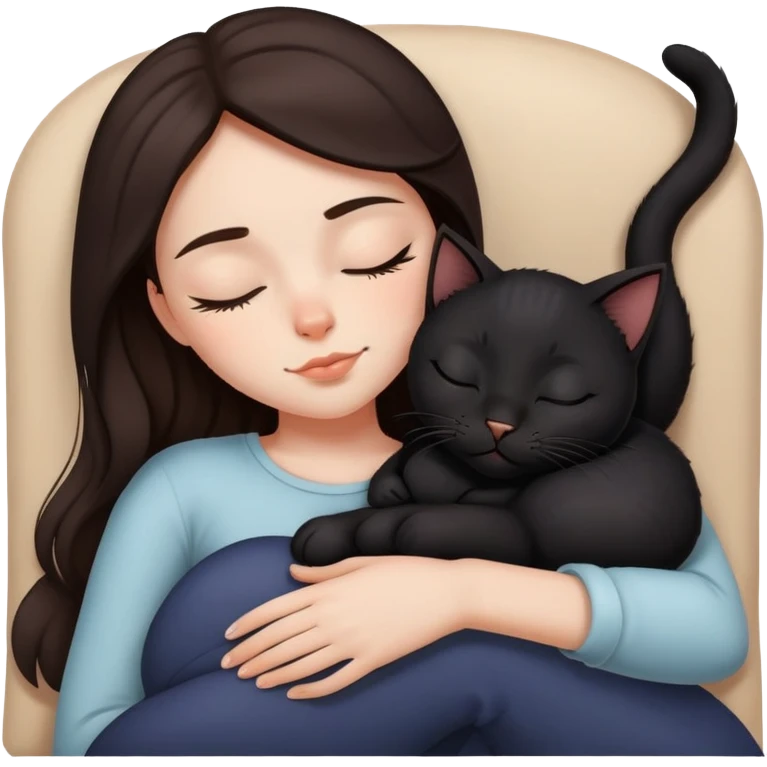 black kitty sleeping on brunette white girl's lap emoji