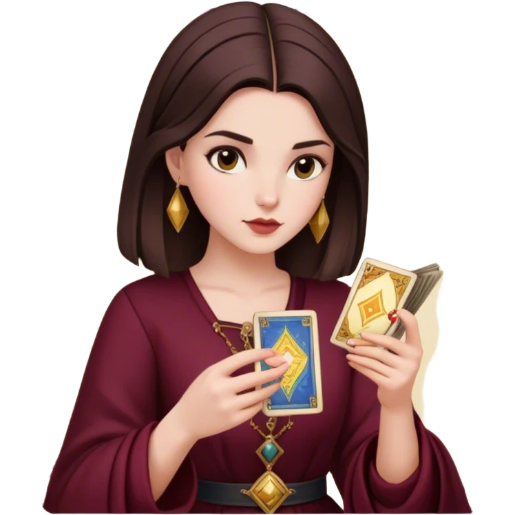 a brunette girl with a square hairstyle, reading tarot cards Burgundy emoji