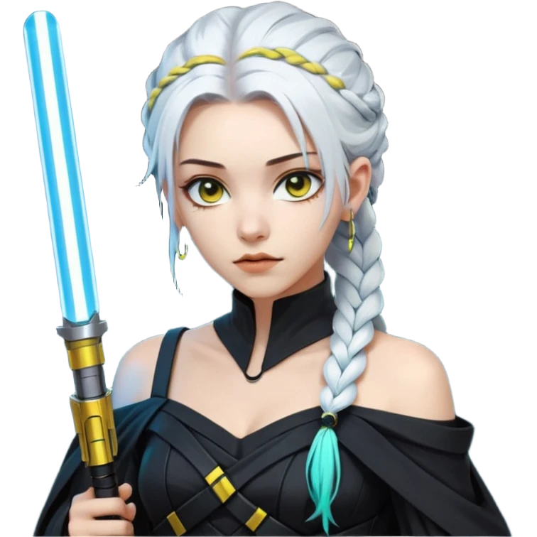  a closeup portrait of young woman with gold yellow eyes, white hair, long braid, black off-shoulder top, punk gothic style, futuristic cyberwave cyberpunk,  jedi attire and posture robes of a padawan, foreweilding a bright blue-green lightsaber emoji