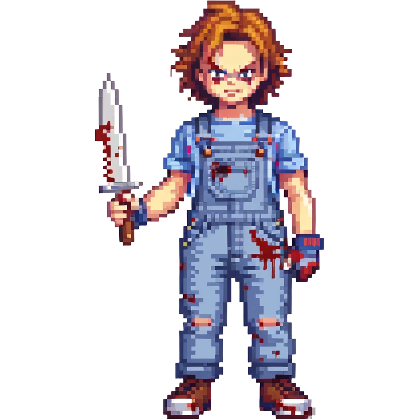 Chucky in overalls, holding a blood-stained knife, menacing pose emoji