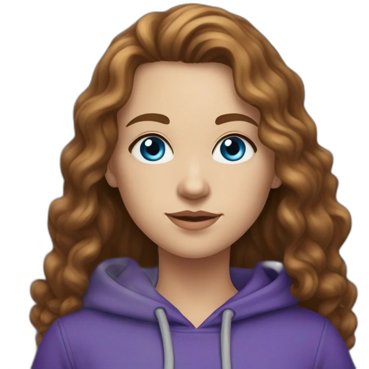 Full length white girl in a purple hoodie, with blue eyes,with long curly brown hair, with high aristocratic cheekbones emoji