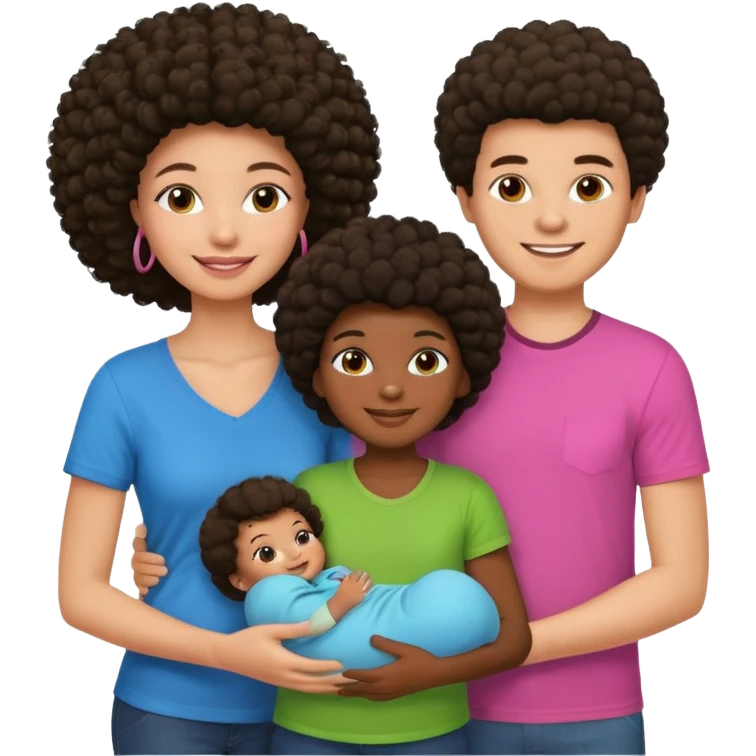Family with a dark woman only with an afro hairstyle and a green shirt, two children: a boy with straight hair and a blue shirt, and a baby girl in a pink shirt. All are smiling. emoji