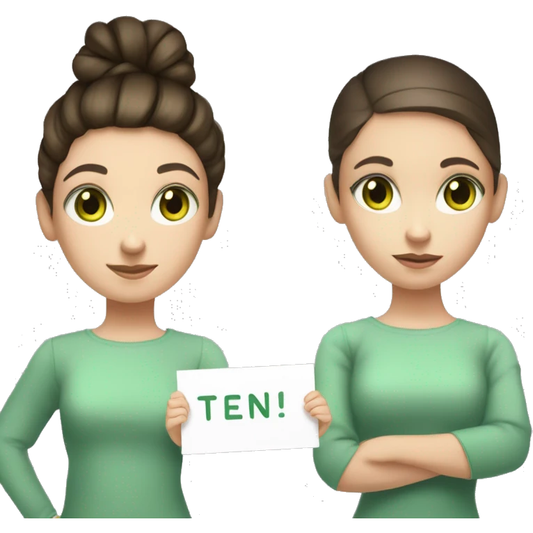 young girl with brunette hair tied up in a high bun and brunette hair, light green eyes the girl who is holding a sign with a ten emoji