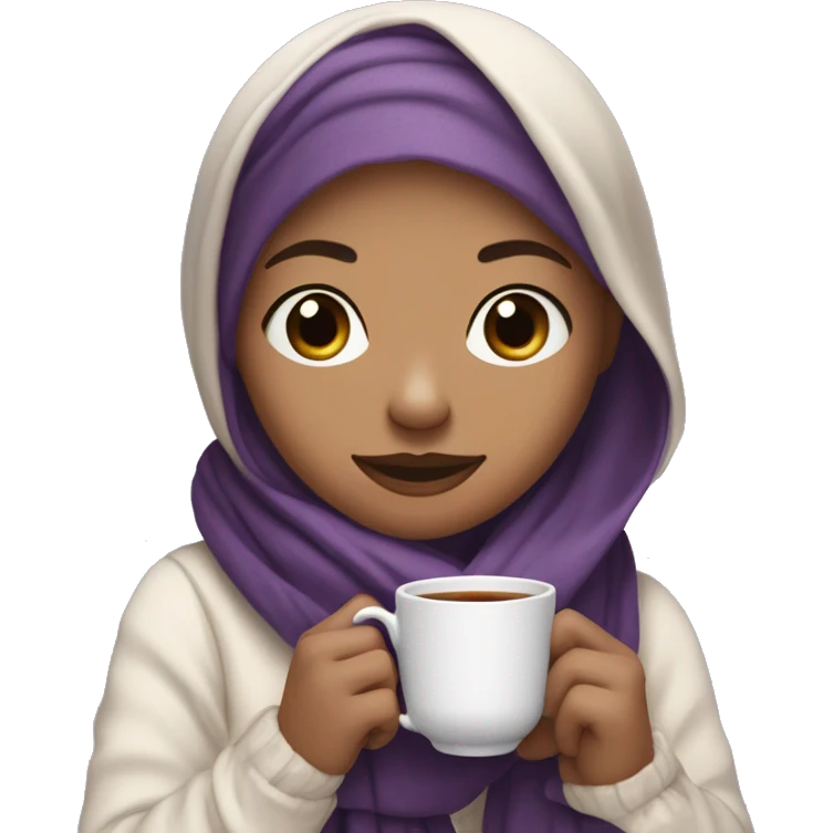 A veiled white scarf, light skin color, dark brown-eyed girl holding a tea cup in her hands and a purple and black cashmere scarf on her shoulders cute emoji