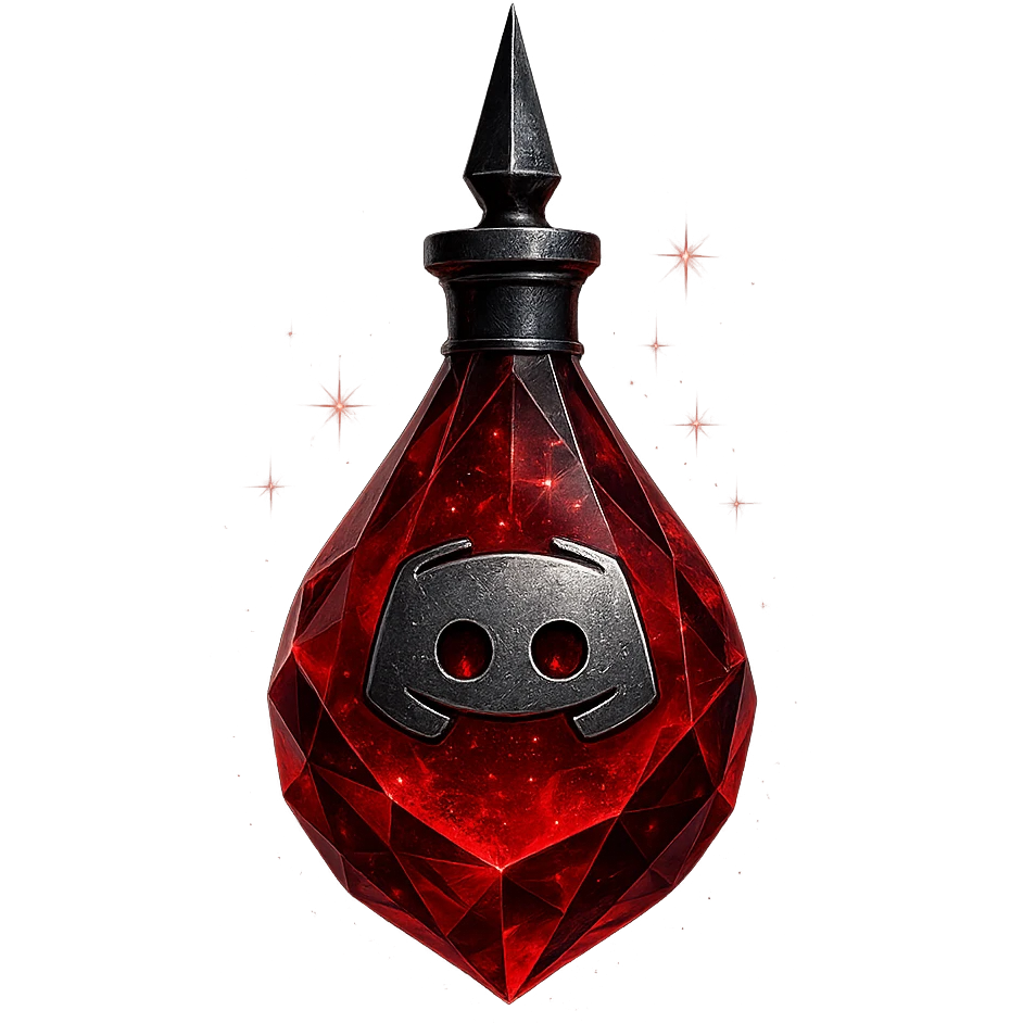 luxurious crystal elixir bottle in the shape of a drop, inspired by Discord, edgy and cool vibe, deep red color, black and silver details, magical glowing and sparkling effects, very small neck, seamless bottom, transparent background, bottle clearly floating in air, no base or shadow, modern, collection style emoji