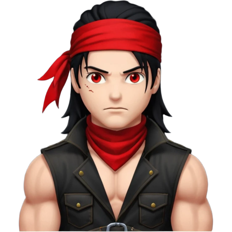 Vincent Valentine from Final Fantasy 7, close-up face, glowing red eyes, black hair, red bandana emoji