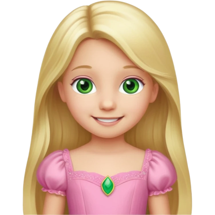 a 5 year old girl with long blond hair green eyes wearing a pink gown emoji