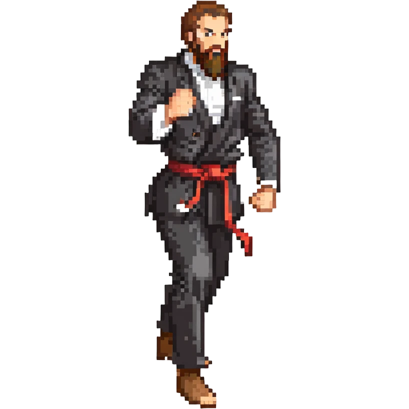 bearded man in a black suit, dynamic martial arts fighting stance emoji