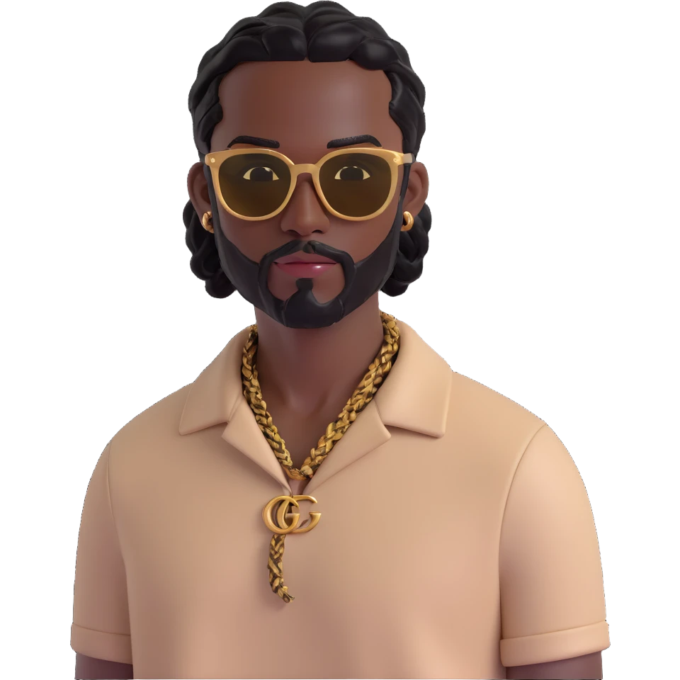 3D emoji of a man with dark skin, black hair in small braids, well-groomed beard, rectangular gold sunglasses, light beige Gucci top with GG monogram pattern, visible collar emoji