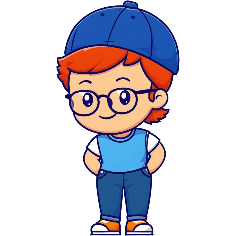 Young person with red hair, glasses, earrings and a wonderful smile, wearing blue clothes, jeans and a cap emoji