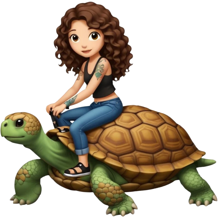 ccute woman long curly brown hair tattoos riding big tortoise emoji
