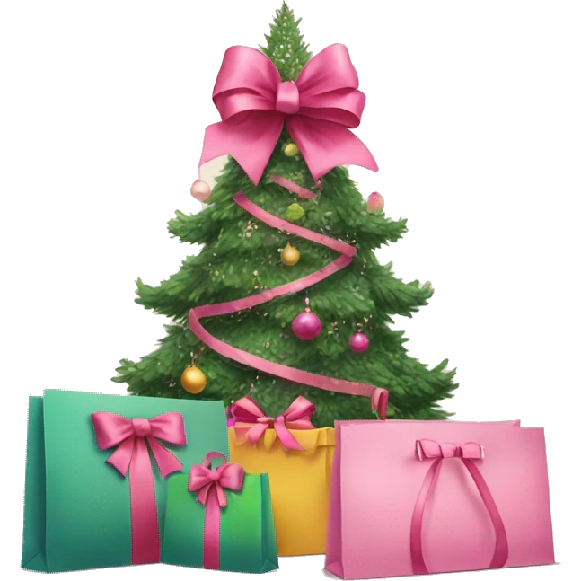  christmas tree with a pink bow an shopping bags underneeth emoji