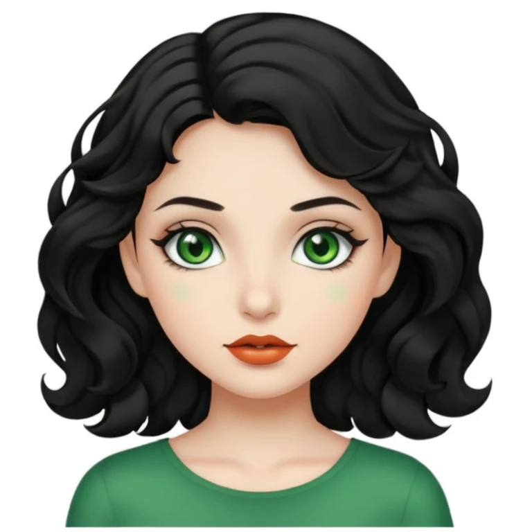 A girl with green eyes, black wavy hair with clean girl make up emoji
