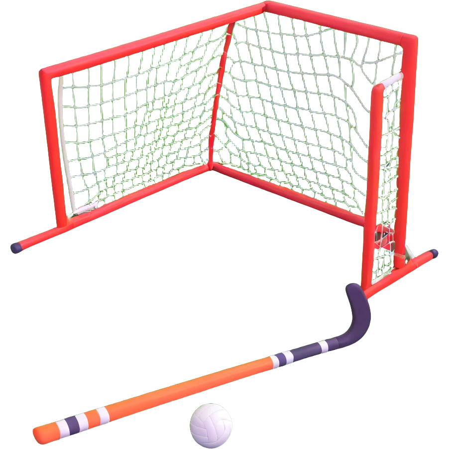 field hockey stick and ball on vibrant green grass field with goalposts emoji