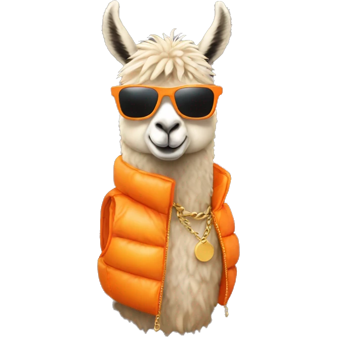 llama wearing an orange puffer vest and sun glasses gold chain emoji