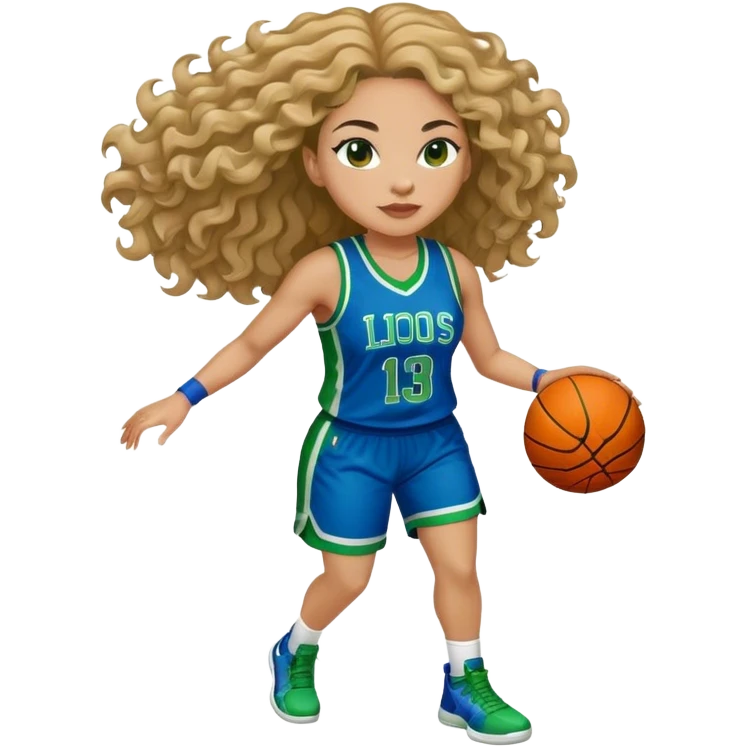 full figure light latino women basketball player with wavy hair wearing blue and green uniform emoji