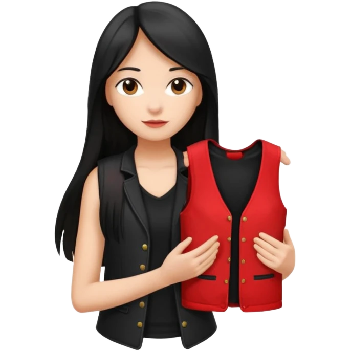 Girl with long light black straight hair and black vest and red and black stack of clothes on hands   emoji