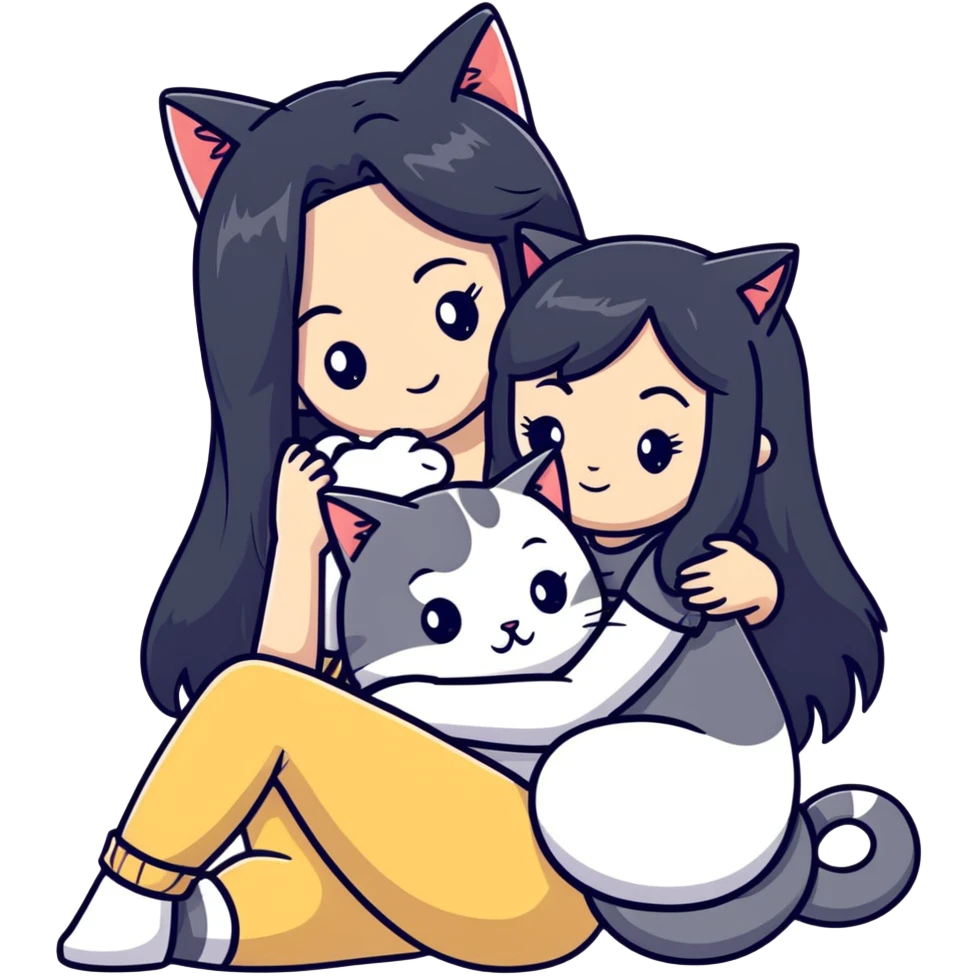 Beautiful girl with long black hair cuddling a gray and blonde cat emoji