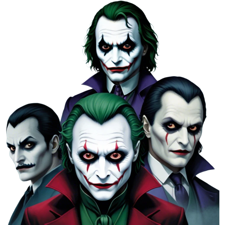 Thriller Movie Icon: A dark, intense collage with close-up images of iconic thriller characters like 1 Joker, 1 Hannibal Lecter, and 1 Vlad Dracula. The background features a moody Gotham City skyline, with shadowy figures and fog. Atmospheric, suspenseful tone. Transparent background. emoji