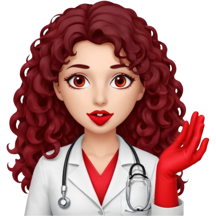 Lilith scalpel in hand, evil surgeon sexy surgeon clothes.  She has red eyes. She has dark brown long curly hair. Wears sexy doctor outfit with red gloves. Covers mouth neck and nose with red litham only covering under her nose to hide her identity emoji