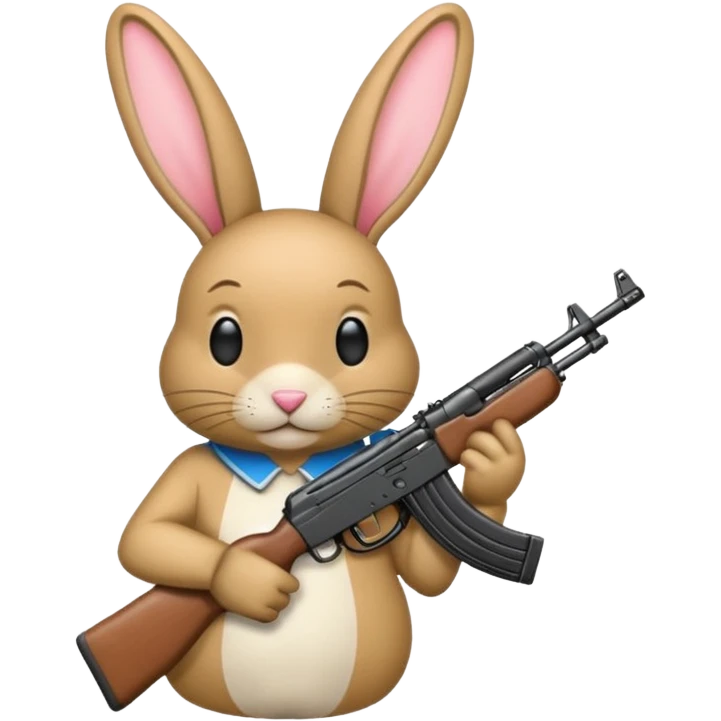 Crea un emoji de un conejo sosteniendo una  Ak47 con pasamontañas enojado emoji