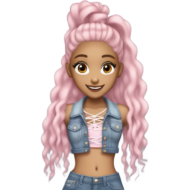 Ariana grande wearing a Shakira lace up croc top and short jeans and pink highlights  emoji