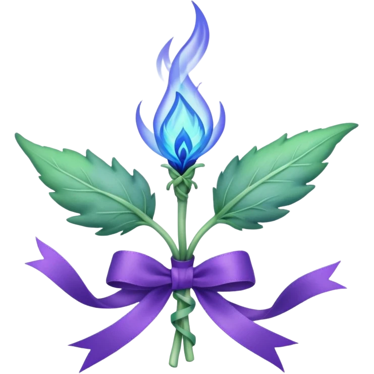 Blue flame enveloping a green sage sprout surrounded by a purple ribbon emoji